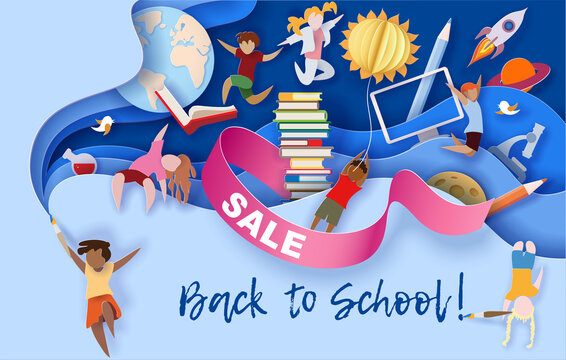 Back to school sale background . Paper cut cartoon kids