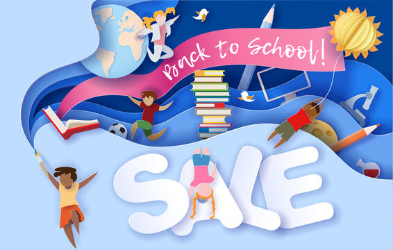 Back to school sale background . Paper cut cartoon kids