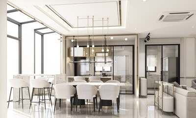 Poster - interior design modern classic style of dining area and pantry with white marble and gold texture and white furniture set 3d rendering interior