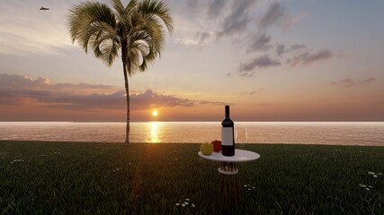 Sticker - wine bottle with white label at beach