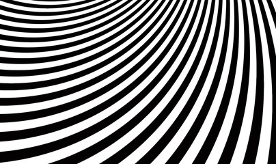 Wall Mural - Abstract black and white striped curved background. Texture with wavy, curves lines. Optical art background. Wave design black and white. Digital image with a psychedelic stripes. Vector illustration