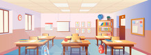Cartoon Classroom Interior With View On School Desks With Chairs, Bookcase, Door And Window. Flat Vector Illustration.