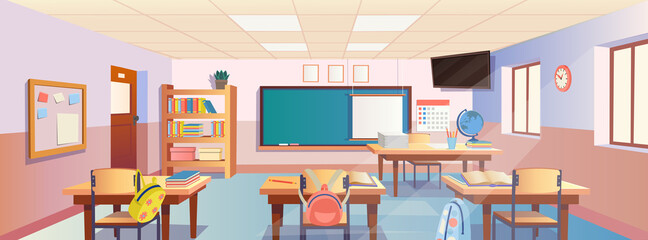 Cartoon classroom interior with view on blackboard, school desks with chairs, bookcase, door and window. Flat Vector Illustration.