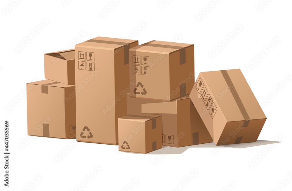 Cardboard boxes stack. Cartoon pile of delivery package for storage and shipping. Cargo in warehouse. Isolated square containers with recycling signs. Vector post mail illustration - obrazy, fototapety, plakaty 