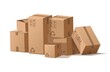 © SpicyTruffel - Cardboard boxes stack. Cartoon pile of delivery package for storage and shipping. Cargo in warehouse. Isolated square containers with recycling signs. Vector post mail illustration