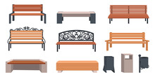Garden Bench. Cartoon Wooden And Wicker Furniture For Streets And Parks. Outdoor Municipal Chairs Set. Urban Metal Rubbish Bins. Vector Landscape Seats Or Trash Cans For Public Places