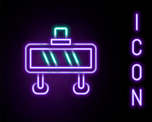 Sticker - Glowing neon line Road barrier icon isolated on black background. Symbol of restricted area which are in under construction processes. Repair works. Colorful outline concept. Vector