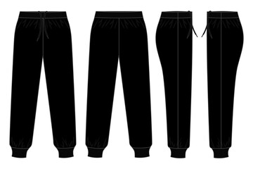 Wall Mural - Black Tracksuit Pants Template on White Background. Front, Back and Side Views, Vector File.