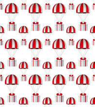 White Box With Red Bow And Parachute On White Background. Seamless Texture. Isolated 3D Illustration