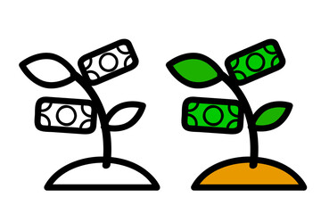 2 style, Simple Vector Icon, Small Plant, Representing Growth Investment with Paper Money,