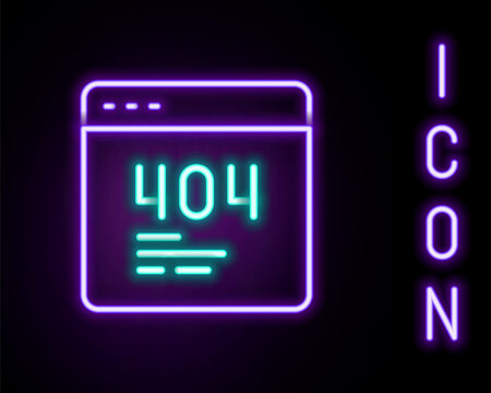 Glowing neon line Page with a 404 error icon isolated on black background. Template reports that the page is not found. Colorful outline concept. Vector