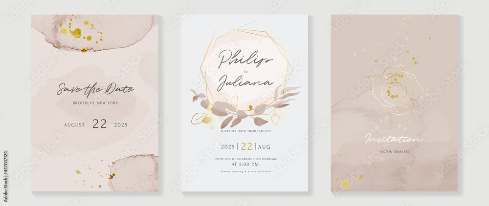 Abstract art background vector. Luxury invitation card background with golden line art flower and botanical leaves, Organic shapes, Watercolor. Vector invite design for wedding and vip cover template. - obrazy, fototapety, plakaty 