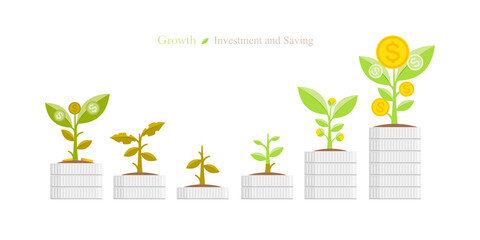 Growth and withered of money trees on silver coins for the success concept. About business and investment. Vector illustration
