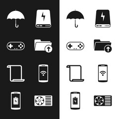 Wall Mural - Set Download arrow with folder, Gamepad, Umbrella, Power bank, Paper scroll and Smartphone wireless icon. Vector