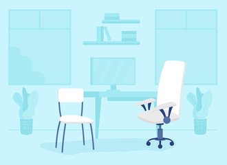Poster - Consulting room in health facility flat color vector illustration. Office room furniture. Performing administrative work. Chairs and computer desk 2D cartoon interior with medical clinic on background