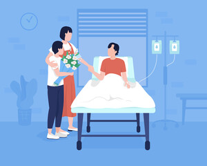 Wall Mural - Member family at hospital flat color vector illustration. Patient emergency room. Family presence at bedside. Woman with son visiting husband 2D cartoon characters with hospital room on background