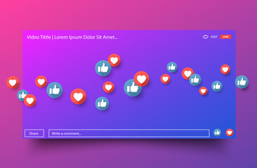 Poster - Like and heart icons for live stream template video chat likes background vector design template. Social nets blue thumb up like and red heart web buttons isolated on gradient background