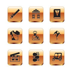 Sticker - Set Bamboo flute indian, Bollywood cinema, Tandoori chicken, Indian man plays, dress, constitution day, Taxi tuk tuk and Gate Delhi icon. Vector