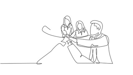 Poster - self drawing animation of single line draw happy male and female business people unite their hands t