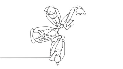 Poster - Animated self drawing of continuous line draw young male female business people unite their hands together to form circle shape symbol, top view. Teamwork concept. Full length single line animation.