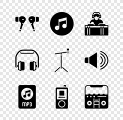 Sticker - Set Air headphones, Music note, tone, DJ playing music, MP3 file document, player, Home stereo with speakers, Headphones and Microphone stand icon. Vector