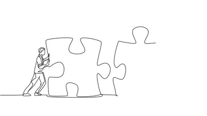 Wall Mural - Animated self drawing of one continuous line draw two young businessmen push puzzle pieces to unite them sign to start business collaboration. Unity teamwork concept. Full length single line animation