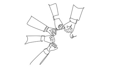 Poster - animated self drawing of single continuous line draw group of young business people unite their hand