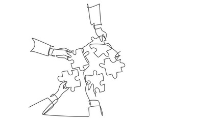 Poster - animated self drawing of continuous line draw male female business team members unite puzzle pieces 