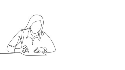 Poster - animated self drawing of one continuous line draw young serious female worker sitting pensively whil