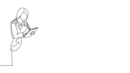 Poster - self drawing animation of one single line draw young happy female business manager holding clipboard