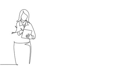 Poster - animation of one line drawing of young pensive female manager standing, thinking business strategy t