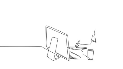 Poster - self drawing animation of single line draw female employee works overtime to finish writing company 