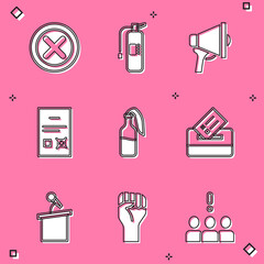 Sticker - Set X Mark, Cross in circle, Fire extinguisher, Megaphone, Poll document, Cocktail molotov, Vote box, Stage stand or tribune and Raised hand with clenched fist icon. Vector