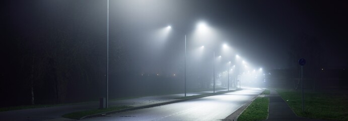 Wall Mural - An empty illuminated motorway in a fog at night. Road sign close-up. Dark urban scene, cityscape. Riga, Latvia. Dangerous driving, speed, freedom, concept image