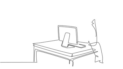 Poster - animated self drawing of single continuous line draw young businessman sitting on desk staring on co