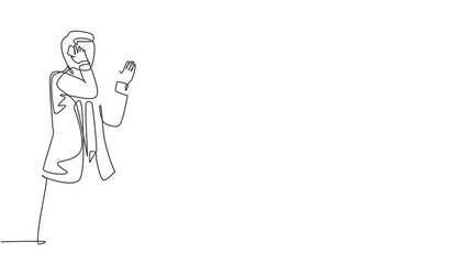 Poster - self drawing animation of one single line draw young male startup ceo walking holding smartphone to 