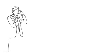 Poster - self drawing animation of single continuous line draw startup ceo standing holding smartphone to cal