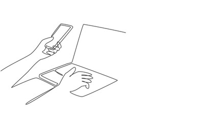 Poster - animated self drawing of continuous line draw hand holding smartphone to input generate code message