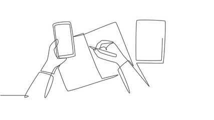 Poster - Animated self drawing of one continuous line draw male business owner get phone call from his supplier to tell supply delivery schedule. Business call concept. Full length single line animation.