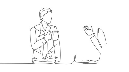 Canvas Print - Animated self drawing of single continuous line draw two male workers have a casual chat over drink coffee during office break. Rest break at work concept. Full length one line animation illustration.