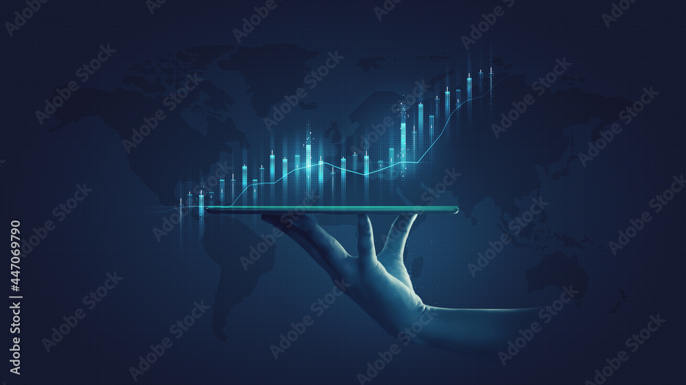 Businessman holding stock tablet and market economy graph statistic showing growth of profit analyzing financial exchange on increase digital money background with trade chart finance data concept. - obrazy, fototapety, plakaty 