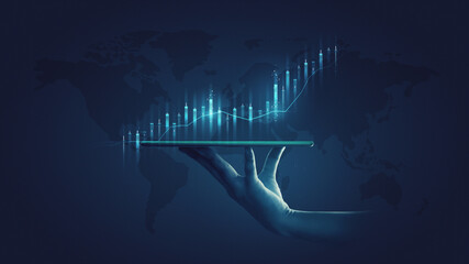 Wall Mural - Businessman holding stock tablet and market economy graph statistic showing growth of profit analyzing financial exchange on increase digital money background with trade chart finance data concept.