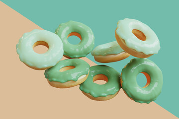 Wall Mural - flying doughnuts green glazed doughnuts with sprinkles on pastel color background. 3D Render Food minimal idea concept.