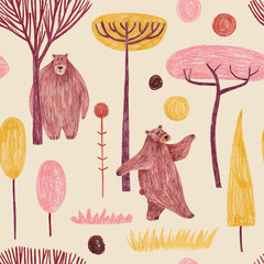 Wall Mural - Forest seamless pattern with funny bears