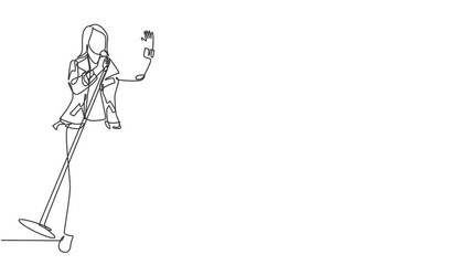Poster - Animated self drawing of single continuous line draw young happy lady rocker singer singing on concert stage. Musician artist performance concept. Full length one line animation illustration.