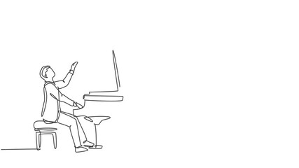 Poster - Animated self drawing of continuous line draw young male pianist playing classic grand piano on music concert theater festival. Musician artist performance concept. Full length single line animation.