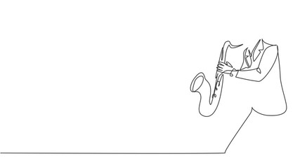 Poster - Animated self drawing of one continuous line draw young male saxophonist with hat performing to play saxophone on music concert. Musician artist performance concept. Full length single line animation.
