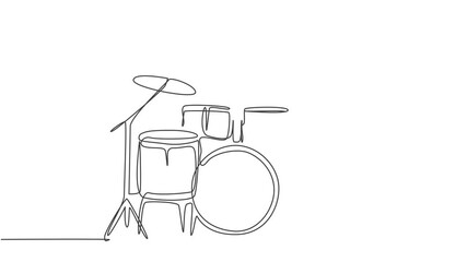 Poster - Self drawing animation of one single line draw drum band set. Percussion music instruments concept. Continuous line draw. Full length animated illustration.