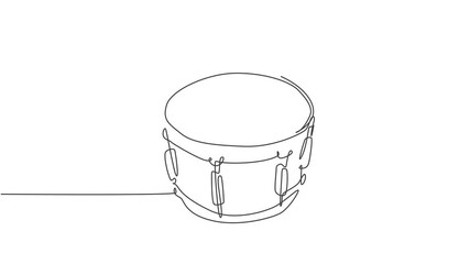 Poster - Self drawing animation of one single line draw little drum with drum sticks. Percussion music instruments concept. Continuous line draw. Full length animated illustration.