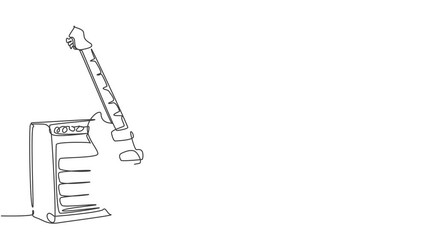 Poster - Self drawing animation of one single line draw electric guitar with amplifier. Stringed music instruments concept. Continuous line draw. Full length animated illustration.